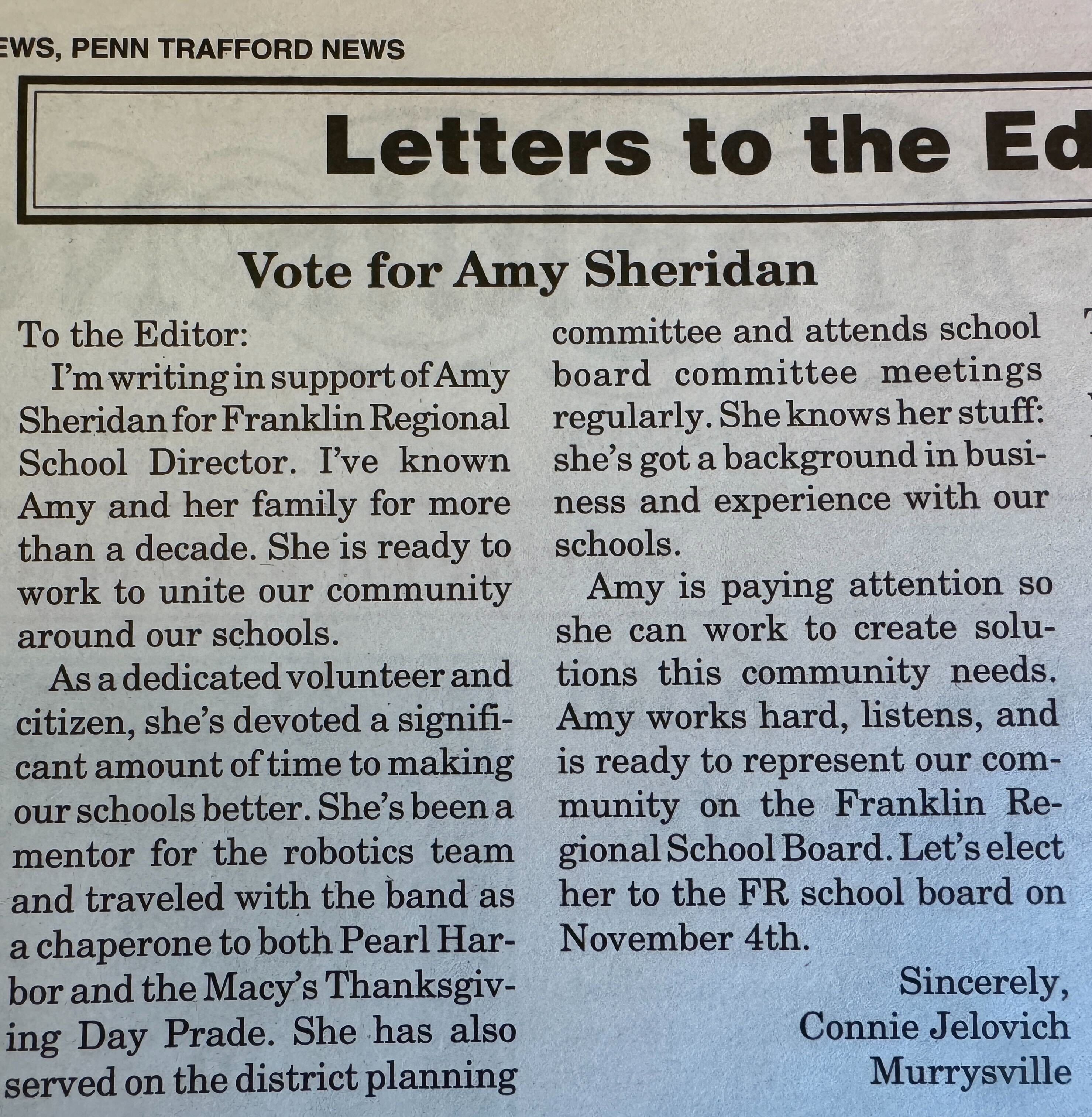 Letter by Connie Jelovich